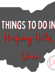 A grey image of the Ohio map. Text overlay says things to do in Hocking Hills, Ohio