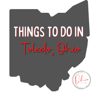 A grey image of the Ohio map. Text overlay says things to do in Toledo, Ohio