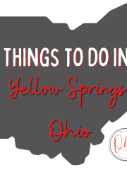 A grey image of the Ohio map. Text overlay says things to do in Yellow Springs, Ohio