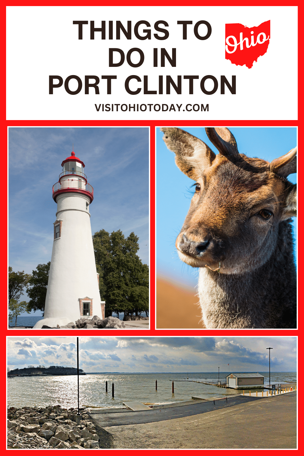 vertical image with a photo of Marblehead Lighthouse, a photo of a fallow deer, and a photo of Catawba Island State Park. A white area at the top contains the text Things to Do in Port Clinton