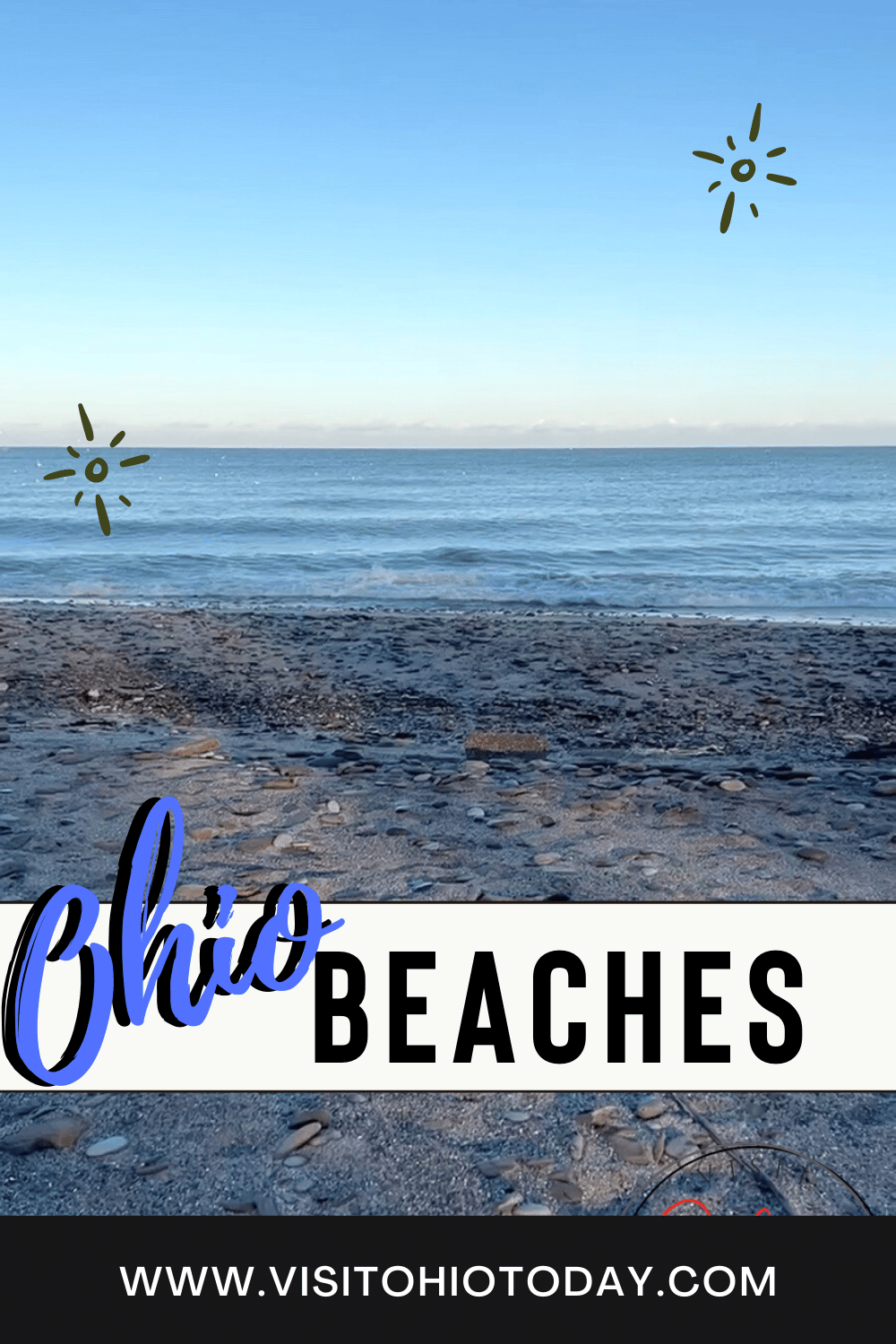 A beach scene of blue sky and blue sea. Text overlay says Ohio beaches