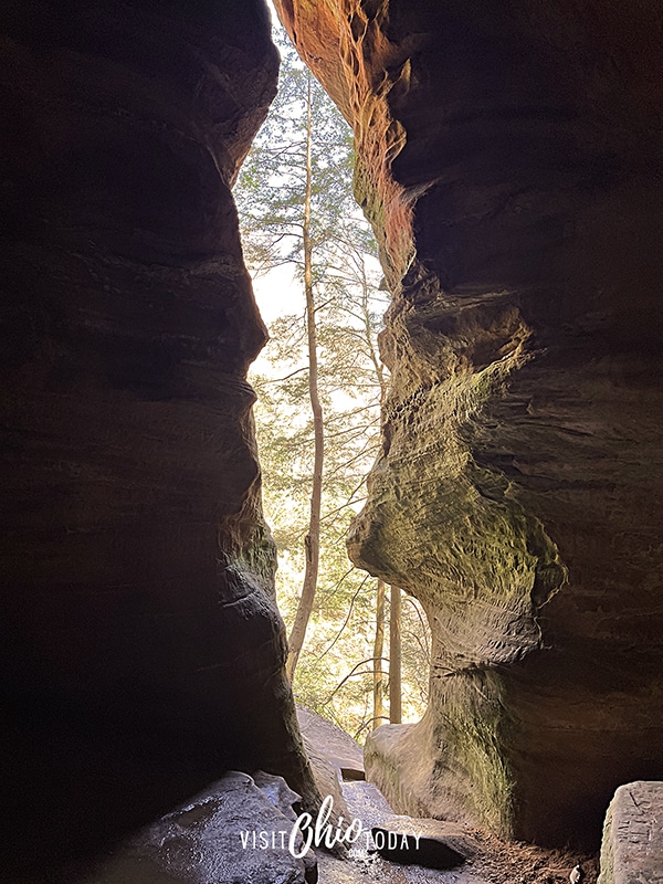 vertical photo looking out of the rock house with a tall tree perfectly framed. Photo credit: Cindy Gordon of VisitOhioToday.com