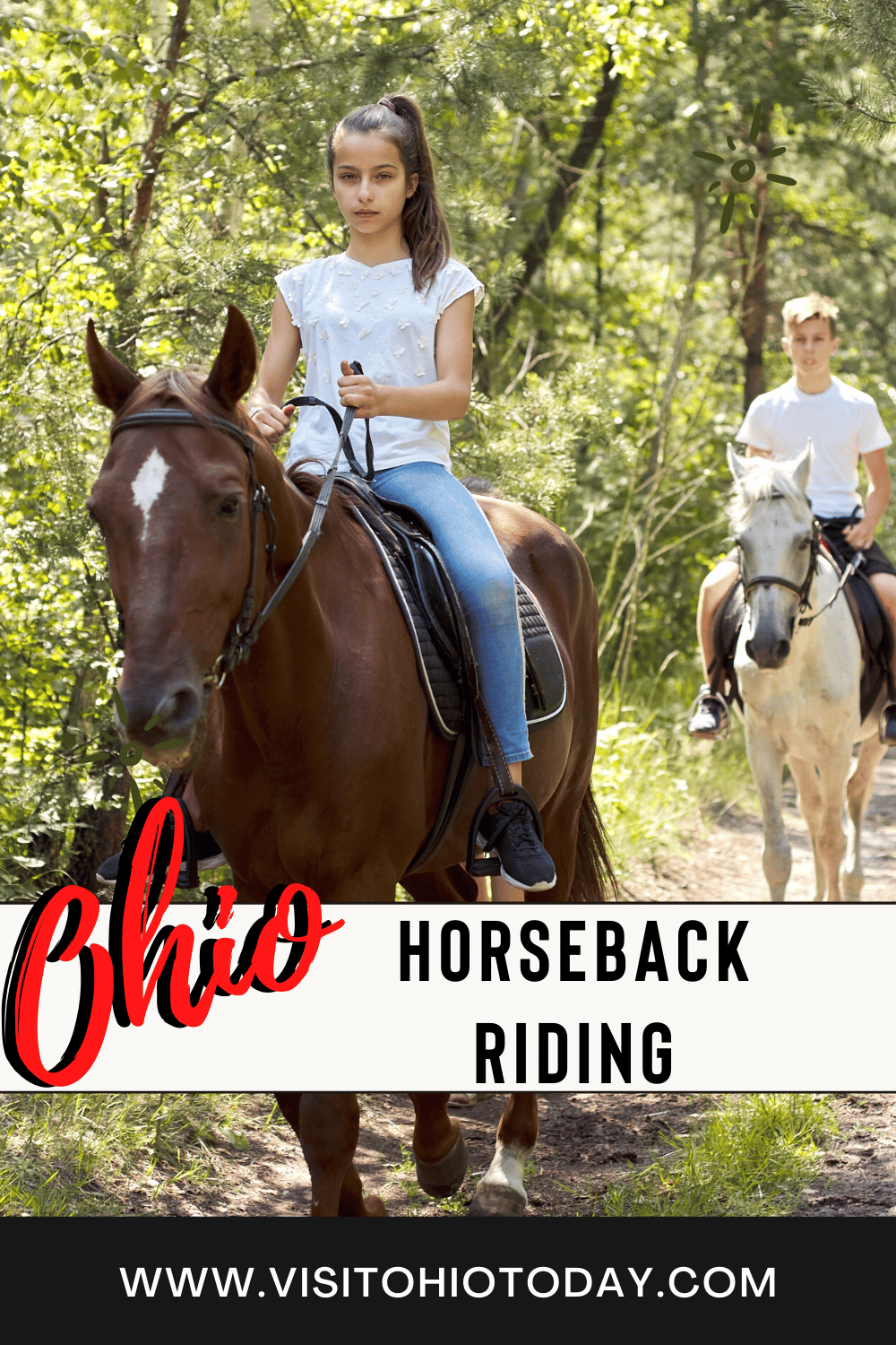 Two horses being ridden by females. Text overlay says Ohio horseback riding