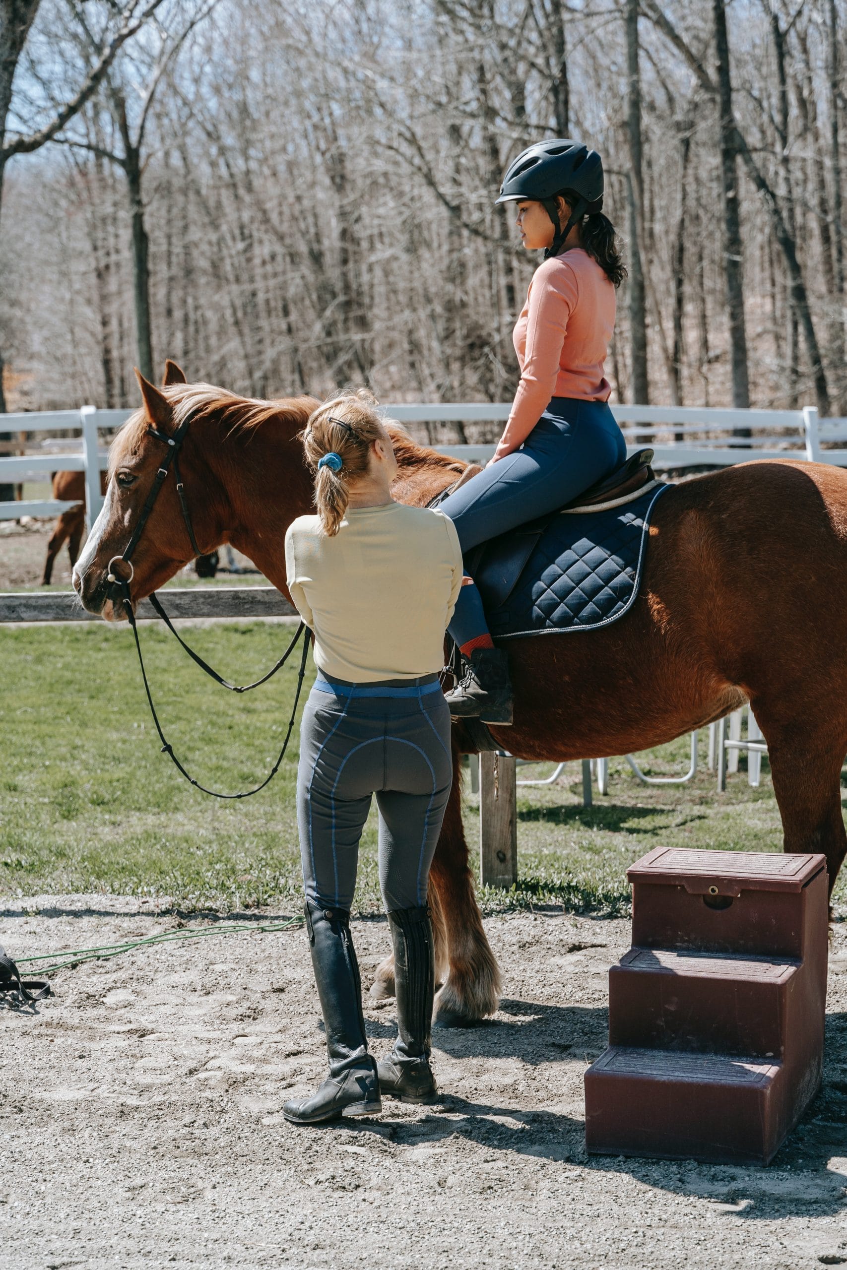 A female being helped up onto a brown horse. There are a set of steps nearby, and another female adjusting the reins.