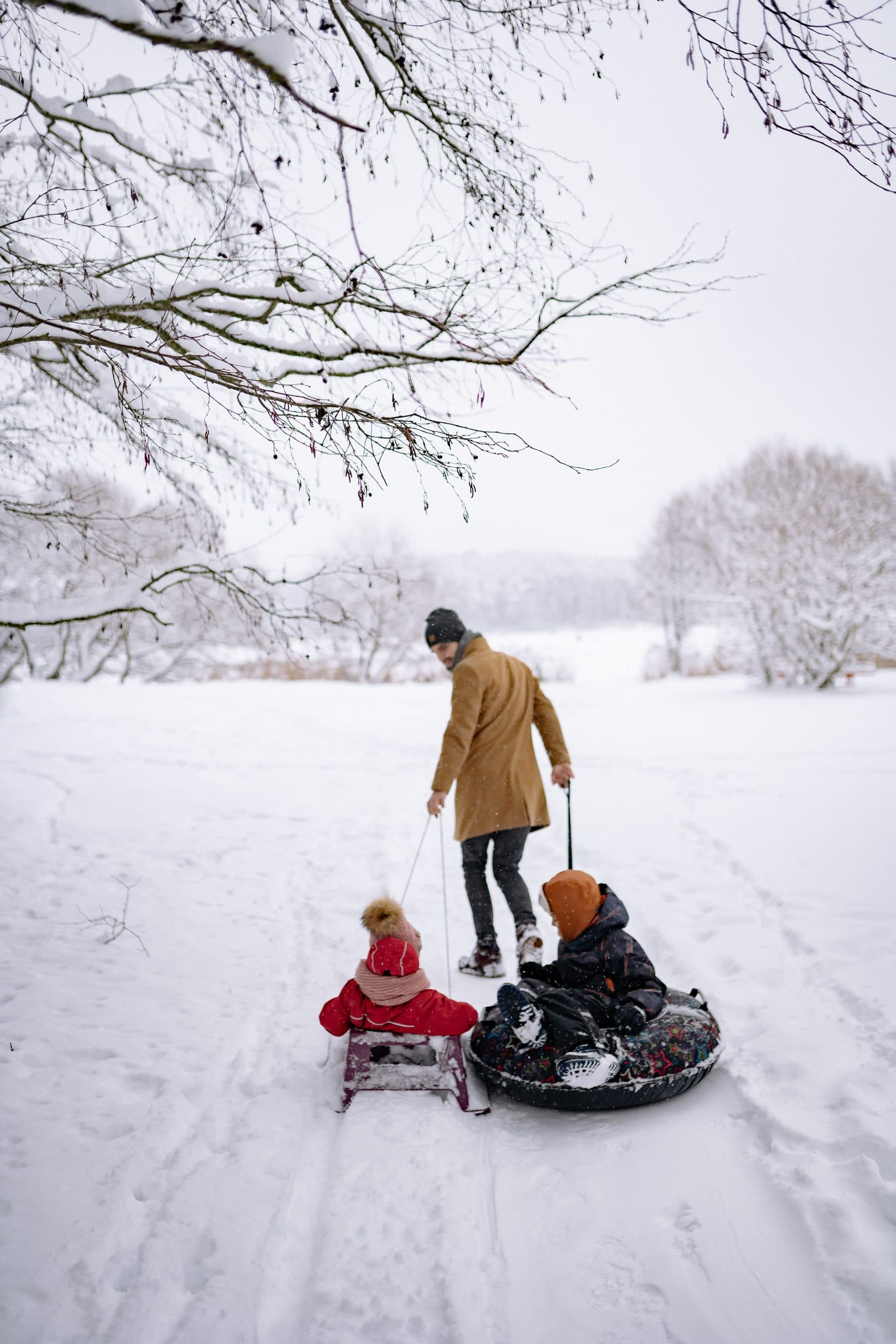 Two children being pulled on sleds by a man through a snowy forest (Ohio Sledding Hills)