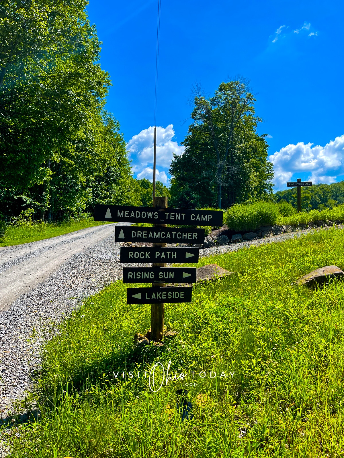 A signpost pointing directions to the various cabins and tents