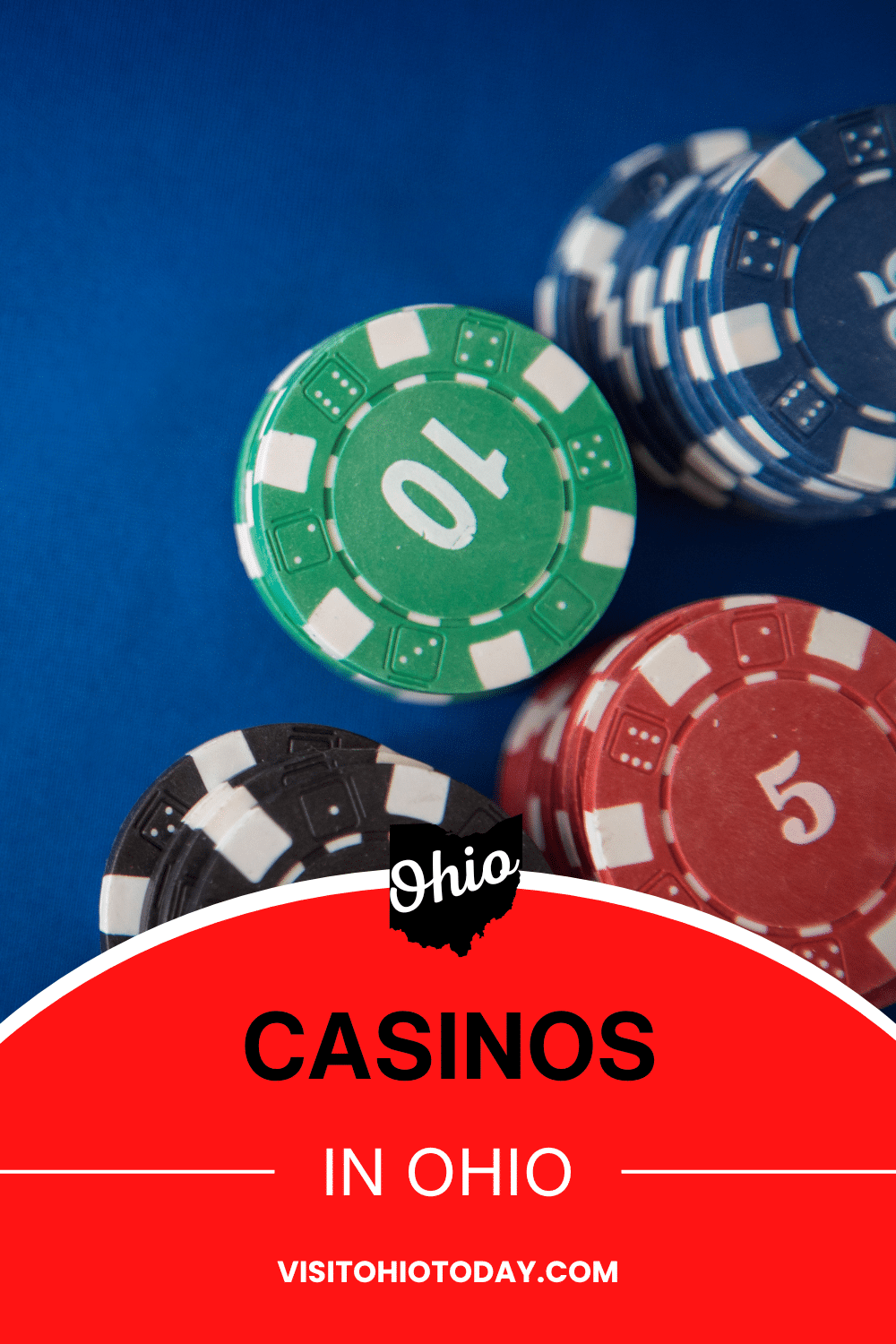 vertical image with a photo of casino chips on a blue surface. A red area at the bottom has the text Casinos in Ohio