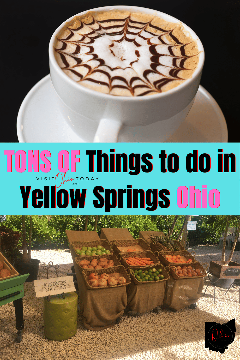 A vertical photo with two images. Top image is a white cup containing creamy cappuccino. The image underneath is containers of fruit & veg at a farmers market. Text overlay says tons of things to do at Yellow Springs Ohio