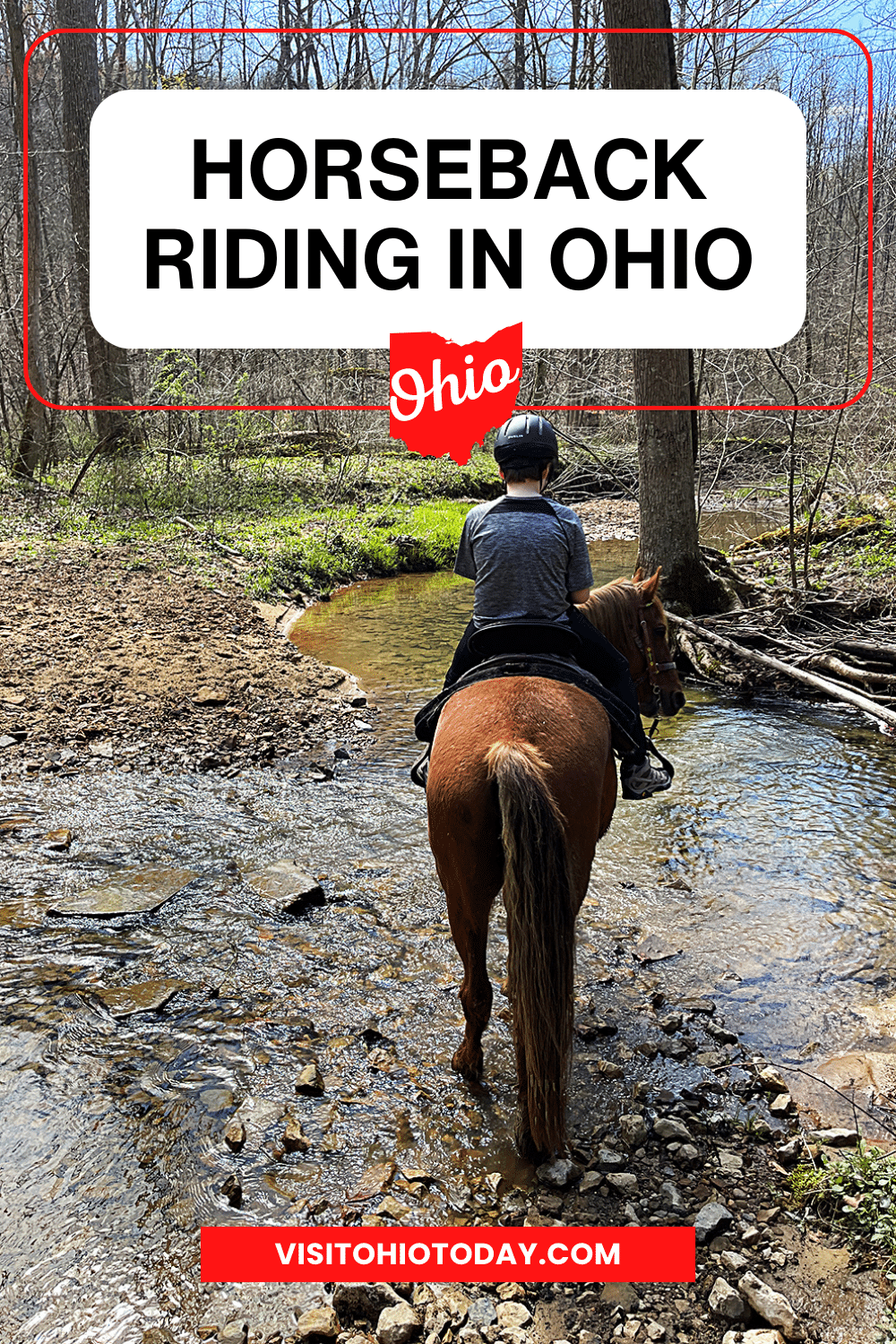 vertical image with a photo of the back view of a boy riding a horse in Hocking Hills. A white area at the top has the text Horseback Riding in Ohio. Photo credit: Cindy Gordon of VisitOhioToday.com