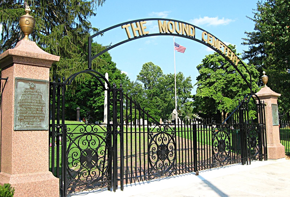 horizontal photo of the entrance gates of Mound Cemetery in Marietta Ohio