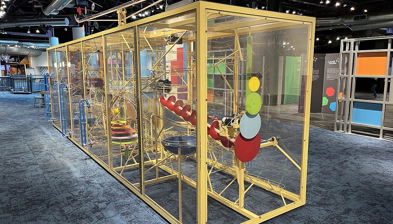 horizontal photo of the Rube Goldberg Machine at Imagination Station, Toledo. Image credit: Mbrickn, CC0, via Wikimedia Commons