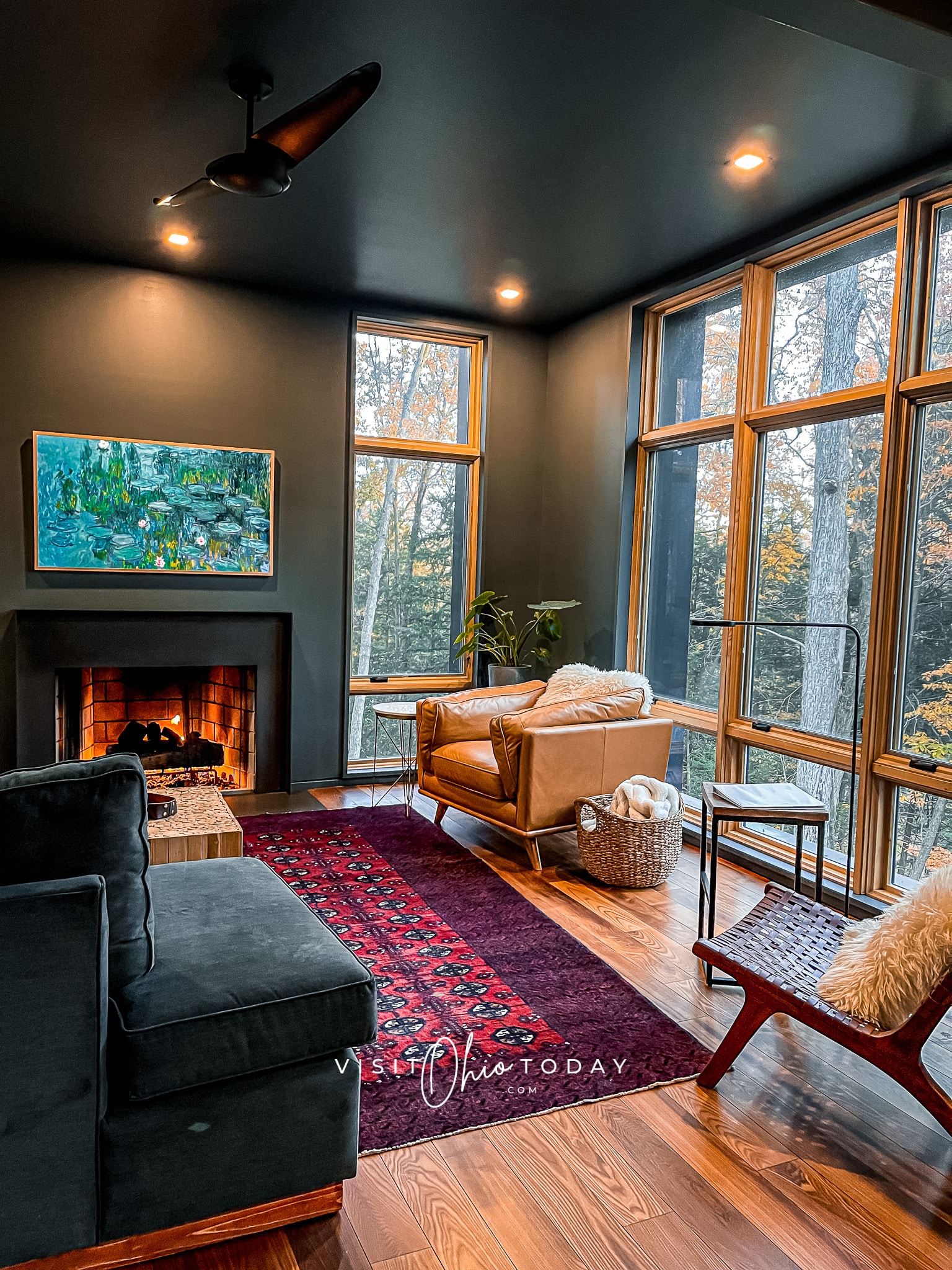 inside of idyll reserve the north, you can see windows, two chairs part of a couch a red rug a fire place and a tv Photo credit: Cindy Gordon of VisitOhioToday.com