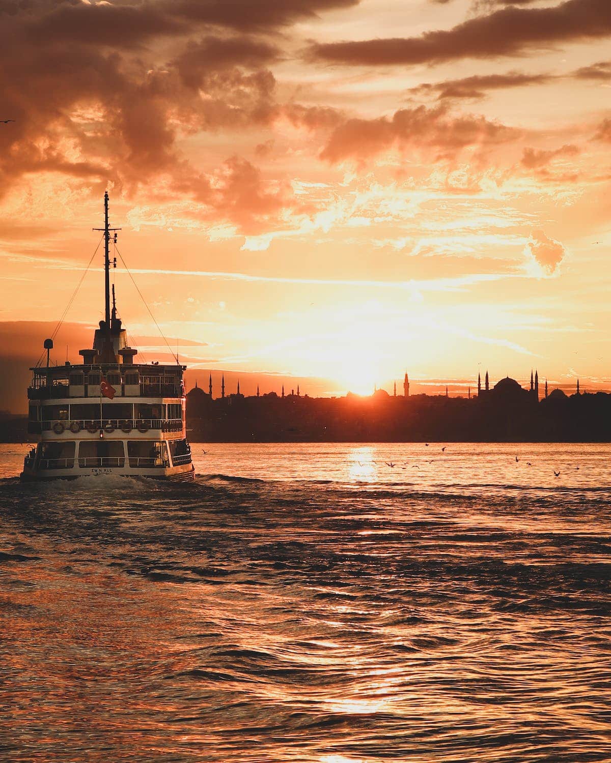 A cruise ship at sunset