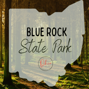 Trees in a forest with an Ohio map silhouette. Text overlay says Blue Rock State Park