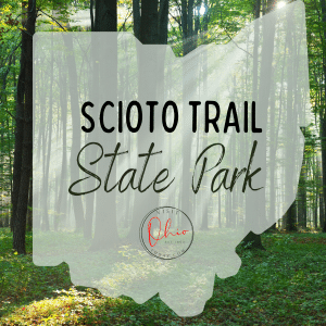 Trees in a forest with an Ohio map silhouette. Text overlay says Scioto Trail State Park