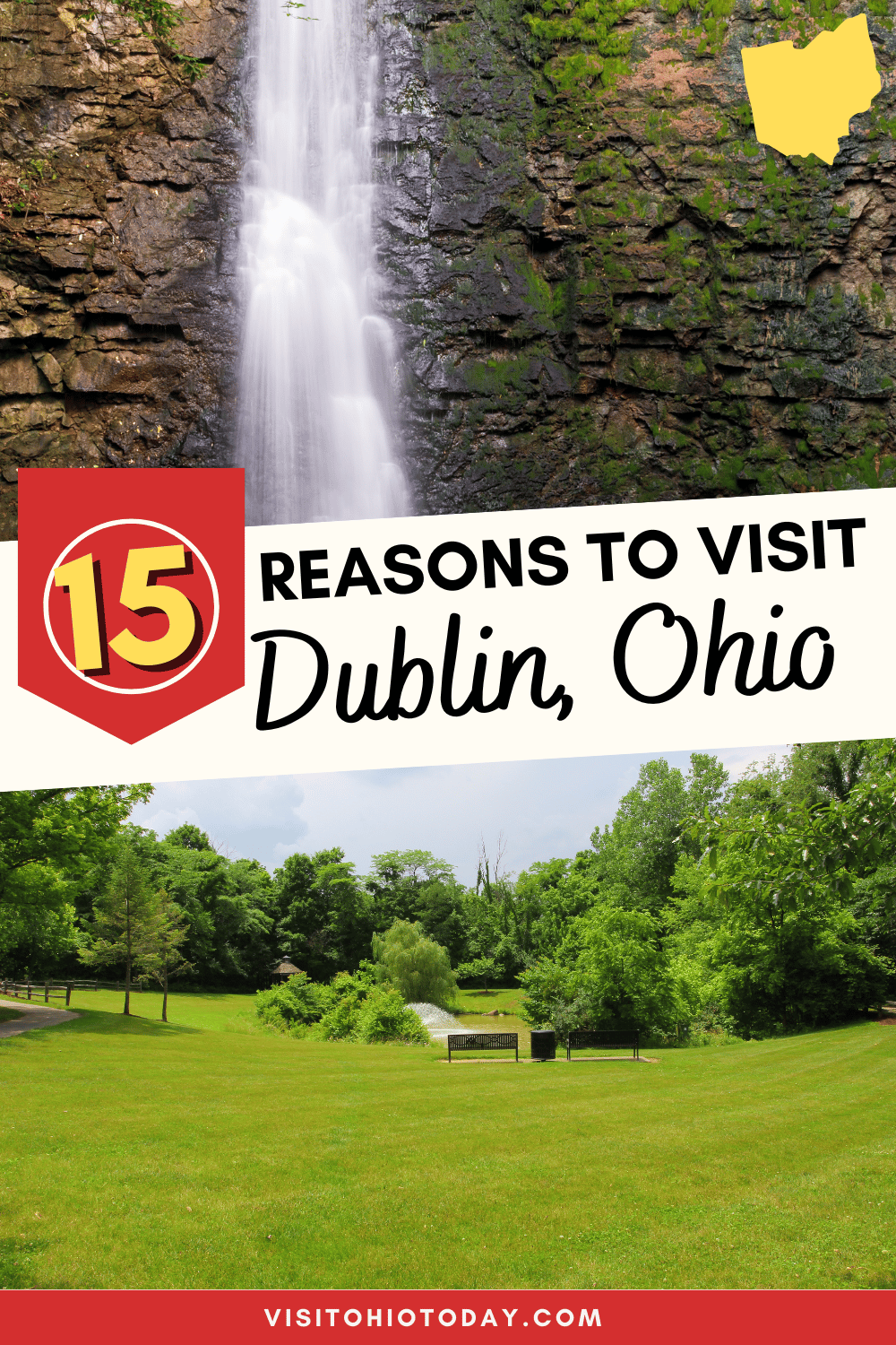 Top half of this image is a photo of a waterfall in Dublin Ohio. Bottom half is a park in Dublin Ohio