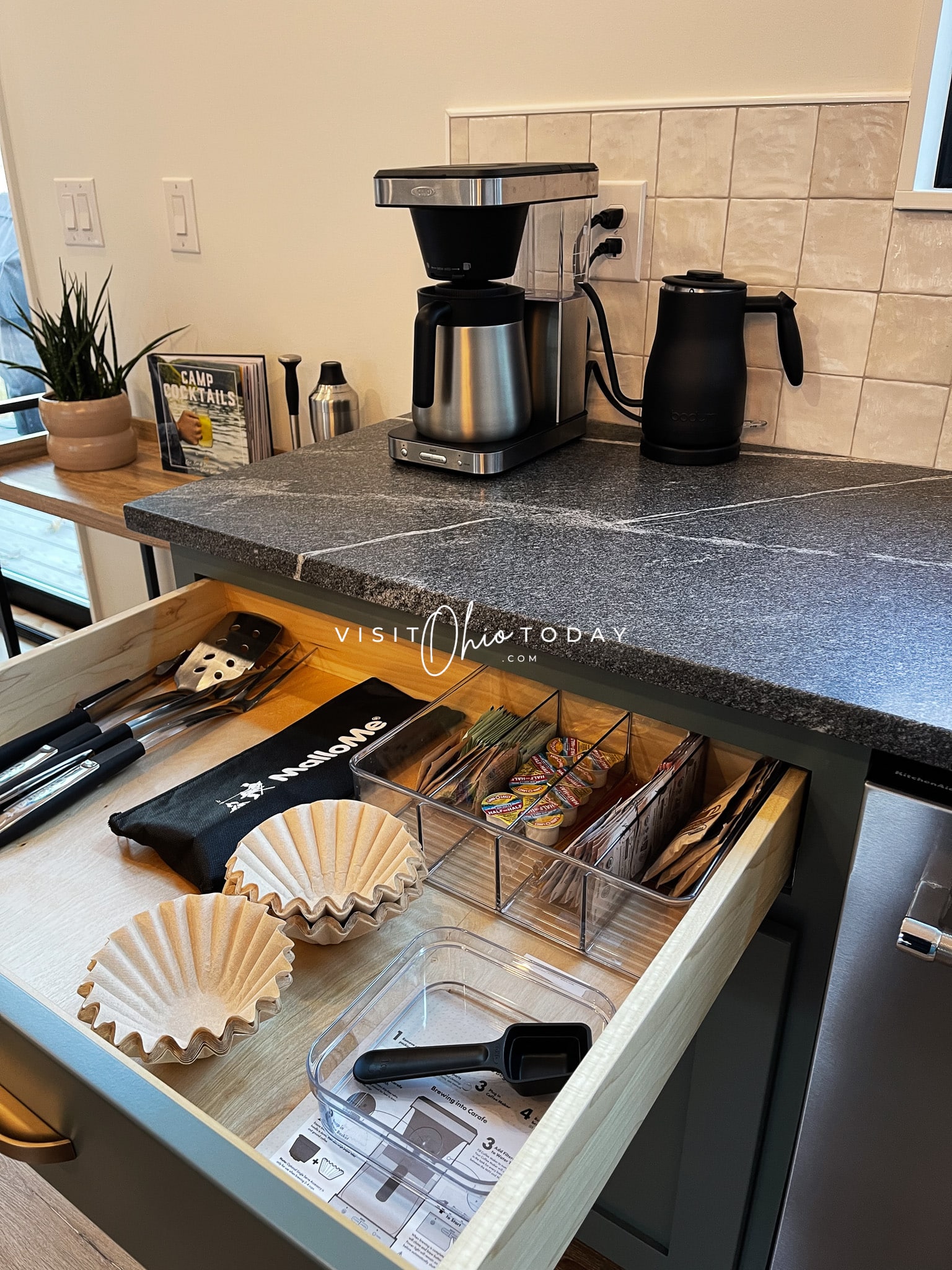 coffee maker and a drawer pulled out with coffee supplies Photo credit: Cindy Gordon of VisitOhioToday.com