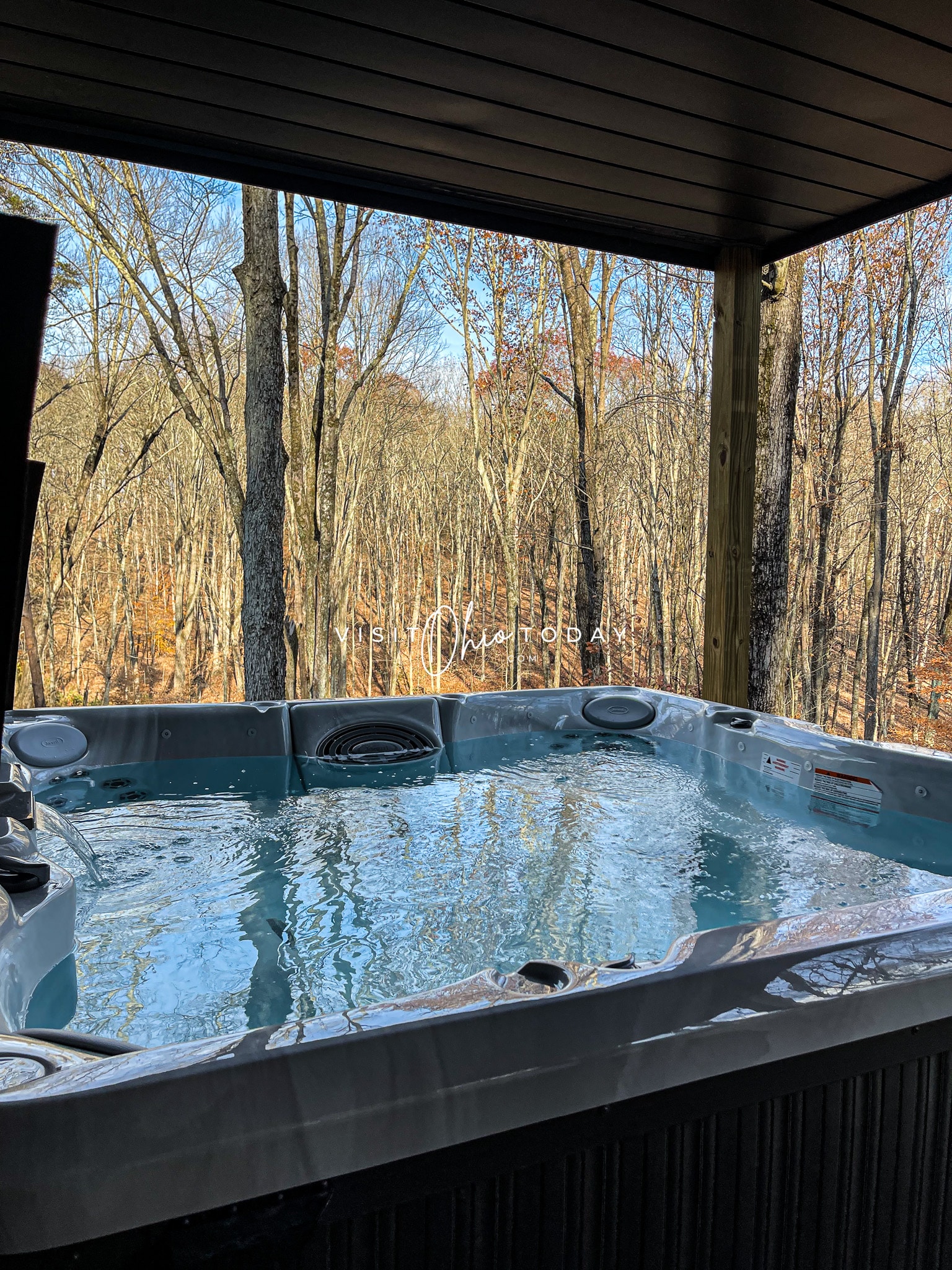 hot tub that is open and filled with water, looking out to the forest, trees don't have many leaves
