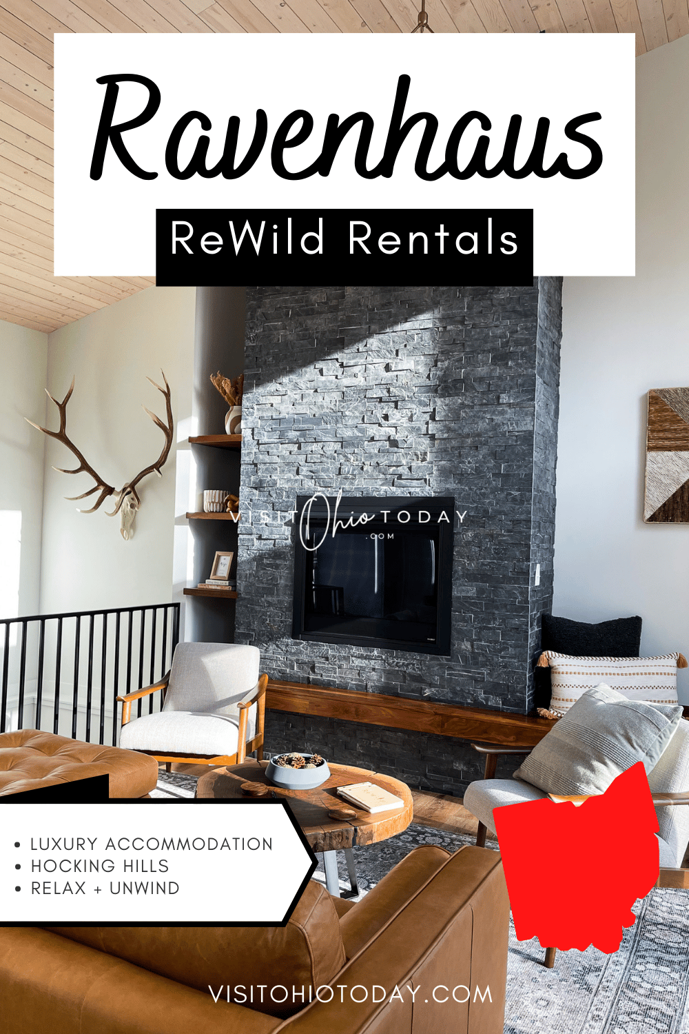 Ravenhaus by ReWild Rentals is a modern retreat located in the heart of Hocking Hills Ohio. This extremely well appointed cabin sleeps 8 with three bedrooms and three bathrooms.