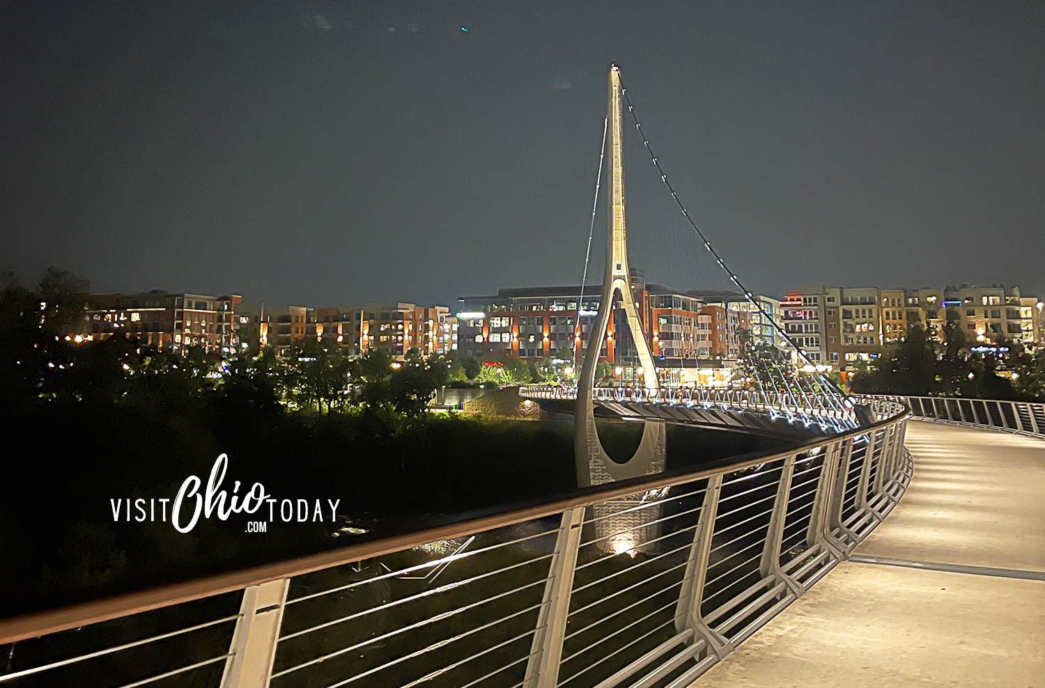 horizontal photo of the Dublin Link Bridge at night. Photo credit: Cindy Gordon of VisitOhioToday.com