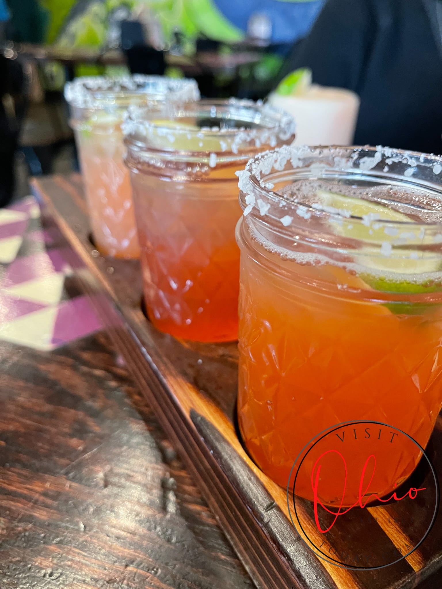 Three colorful cocktails lined up on a table