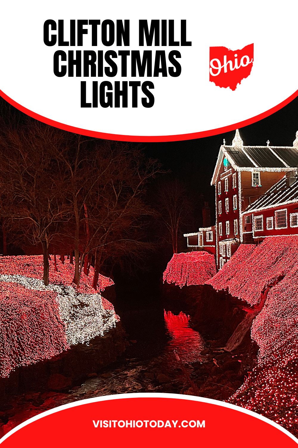 Clifton Mill Christmas Lights are a sight like nothing you have seen before. Millions of lights illuminate historic Clifton Mill to create the most perfect Ohio Christmas lights display. Save this pin for later!
