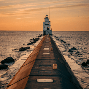 A lighthouse at the end of a dock, under a dusky sky