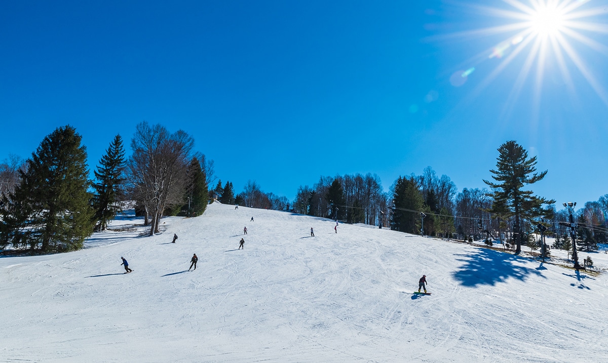 horizontal photo of skiers on the slopes at Snow Trails