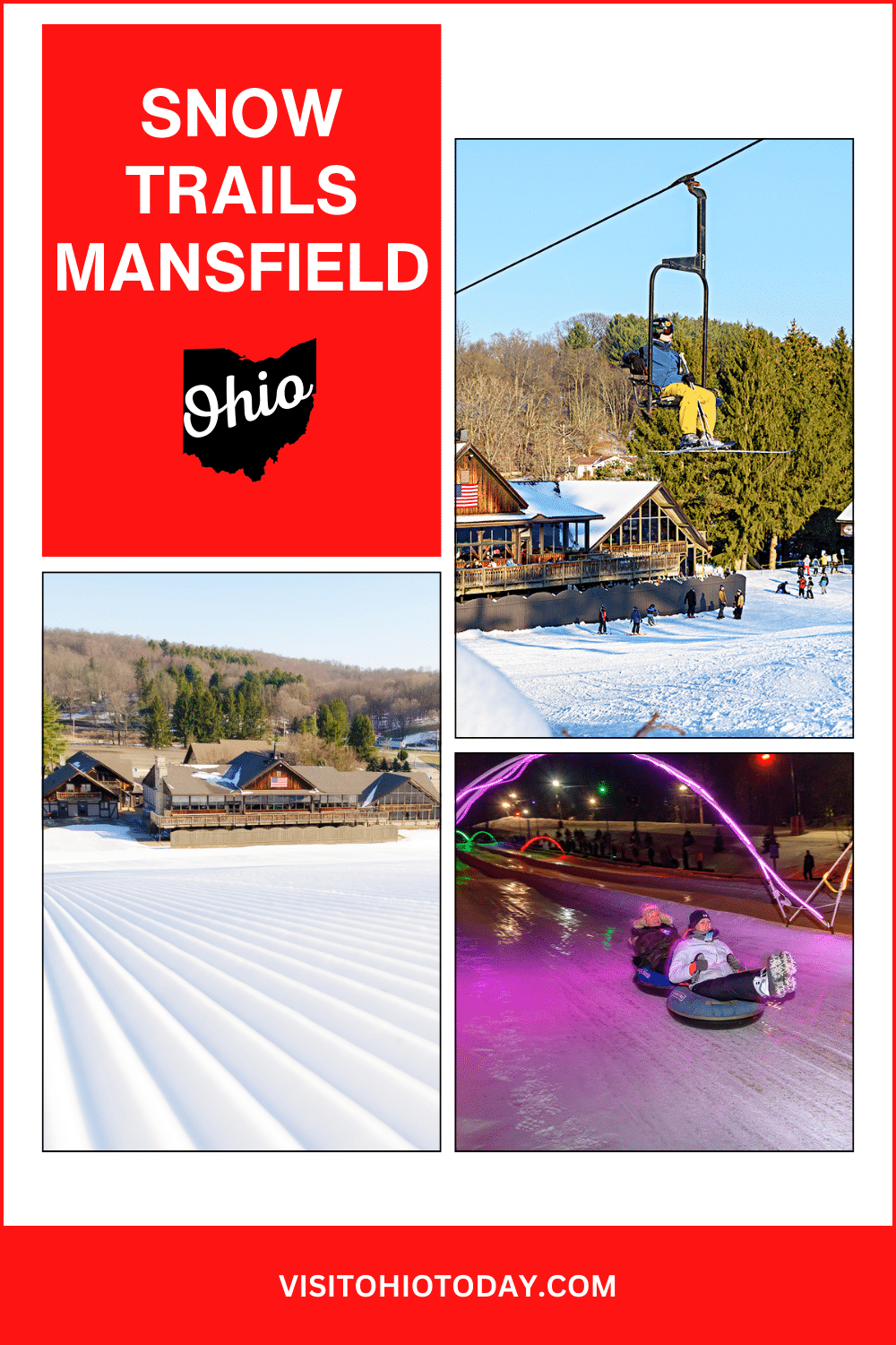 vertical image with three photos from Snow Trails Mansfield with a red box in the top left corner containing the text Snow Trails Mansfield