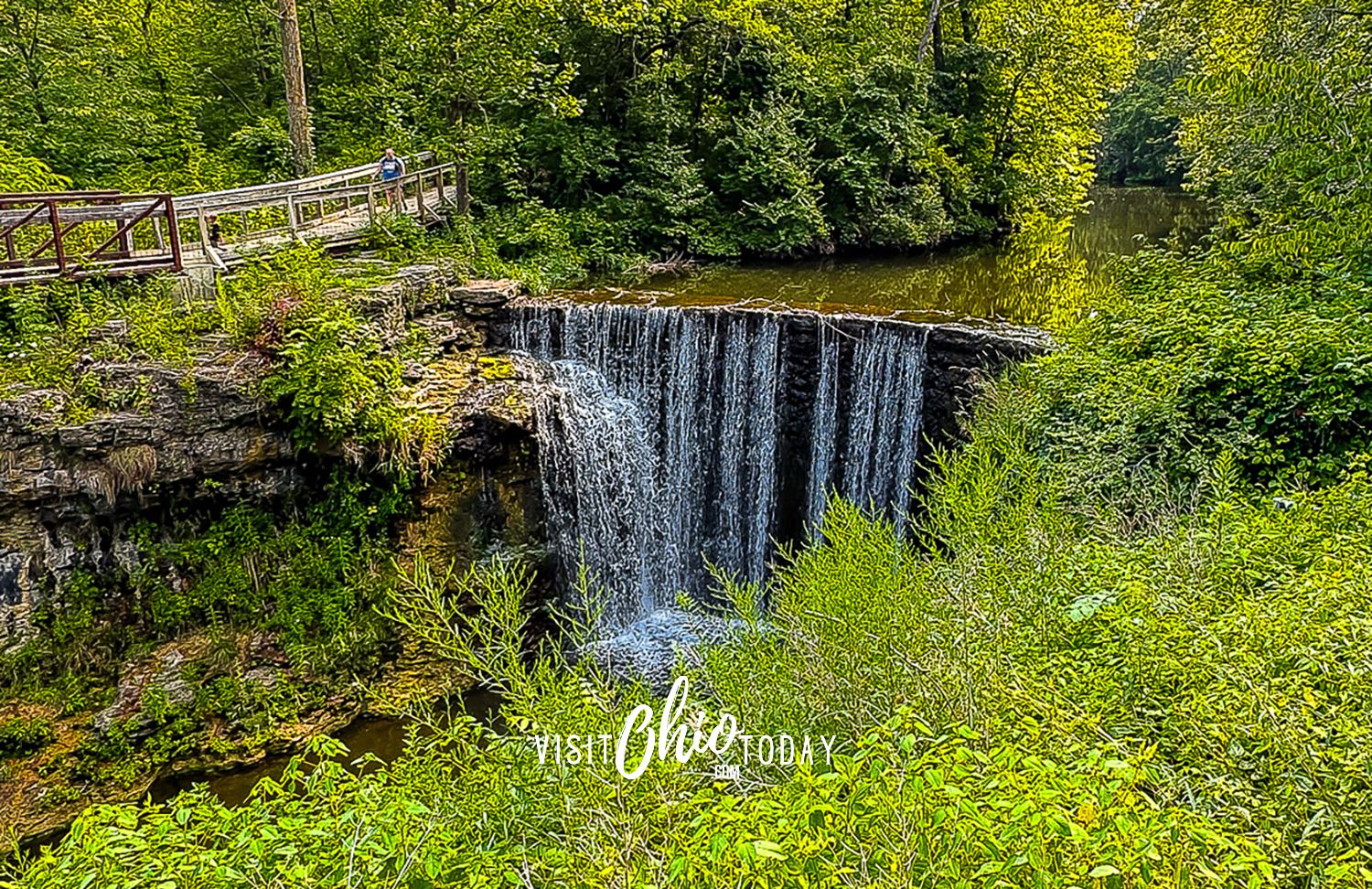 horizontal photo of Cedar Cliff Falls at Indian Mound Reserve. Photo credit: Cindy Gordon of VisitOhioToday.com