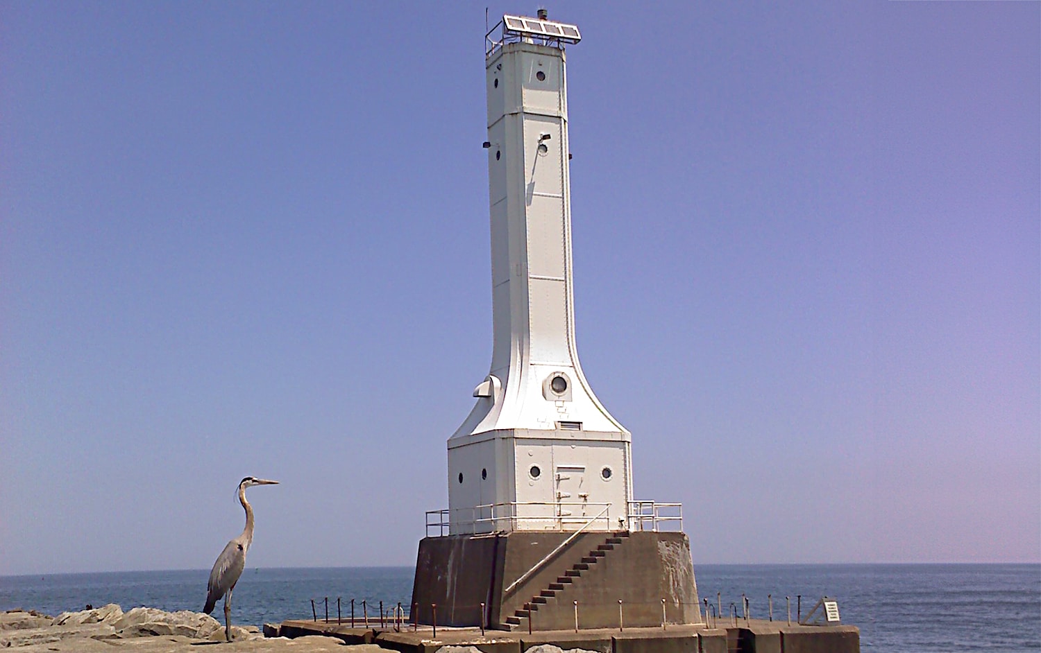 horizontal photo of the huron harbor lighthouse with a large sea bird in the foreground