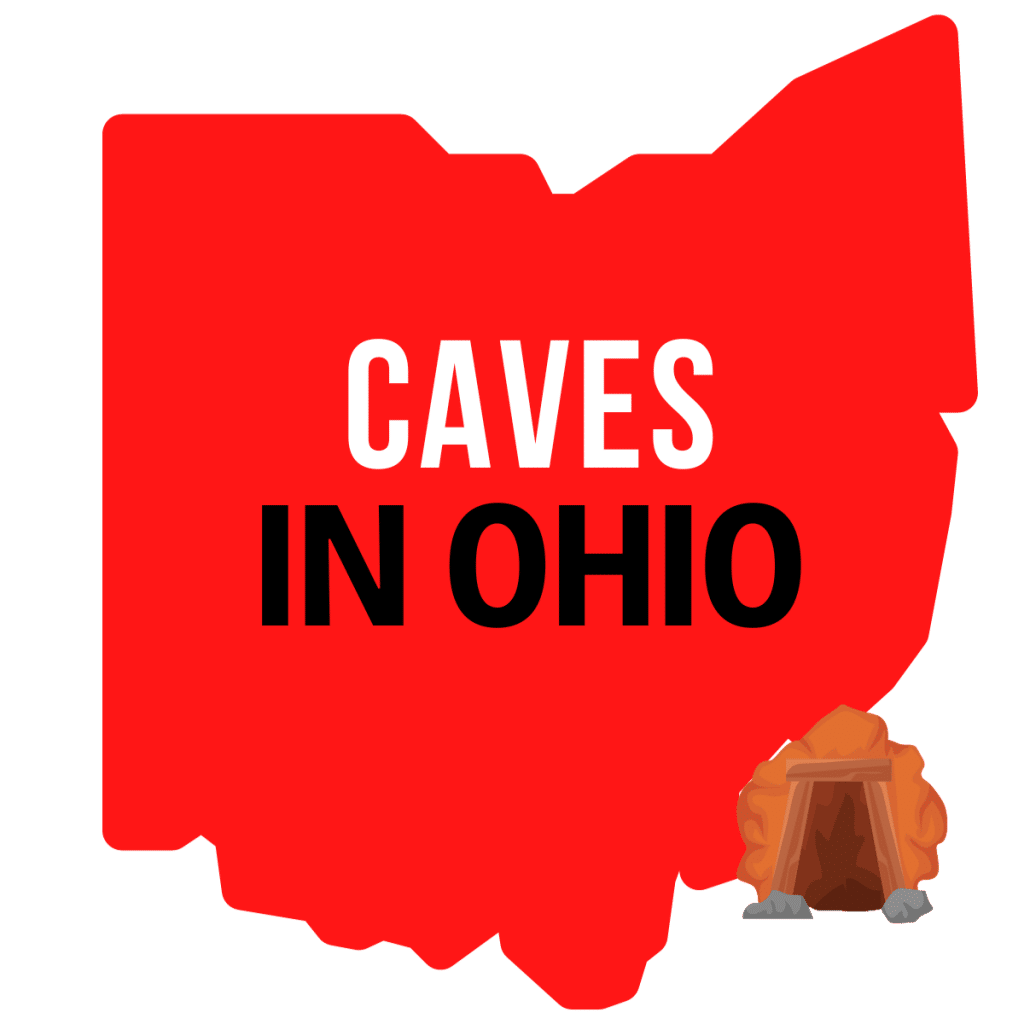square image with a large red map of Ohio containing the text Caves in Ohio with a small clipart of a cave in the bottom right corner