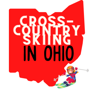 A red image of the Ohio map silhouette with a text overlay saying cross-country skiing in ohio. A cartoon graphic of a skiier is in the bottom right of the image