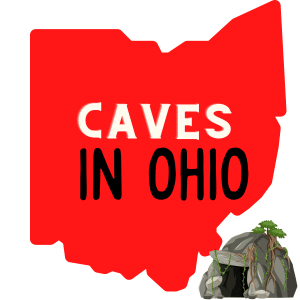 A red image of the Ohio map silhouette with a text overlay saying caves in ohio. A cartoon graphic of a cave is in the bottom right of the image