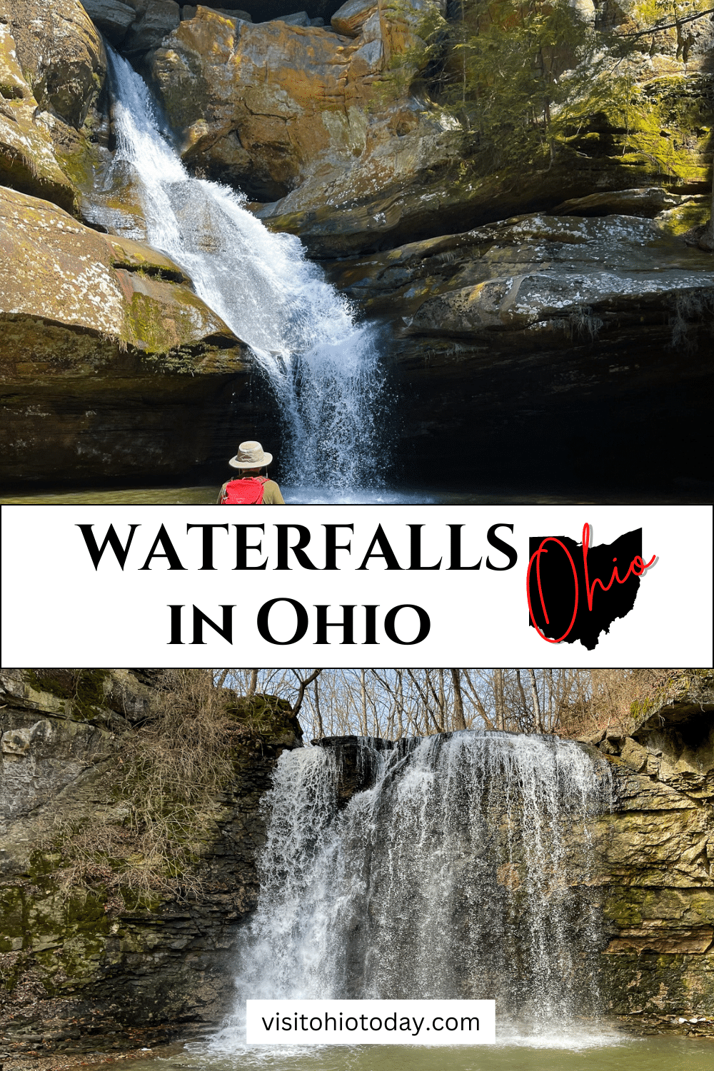 vertical image with a photo of cedar falls at the top and a photo of Hayden Run Falls at the bottom. A white strip across the middle has the text Waterfall in Ohio