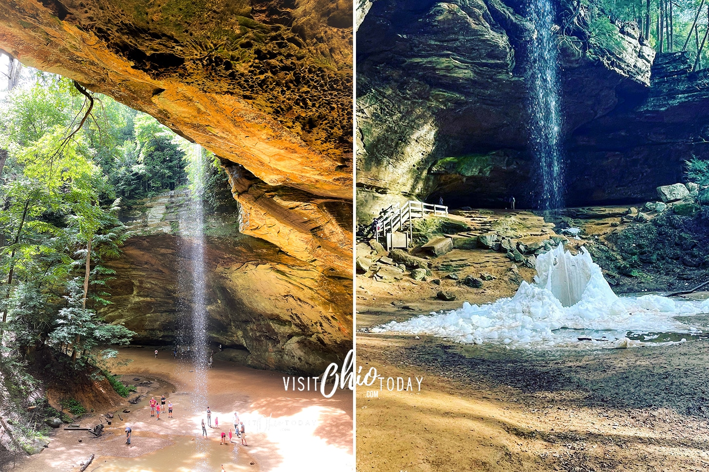 horizontal image with a photo of Ash Cave Hocking Hills in the summer beside a photo of Ash Cave waterfall frozen over in the winter. Photo credits: Cindy Gordon of VisitOhioToday.com