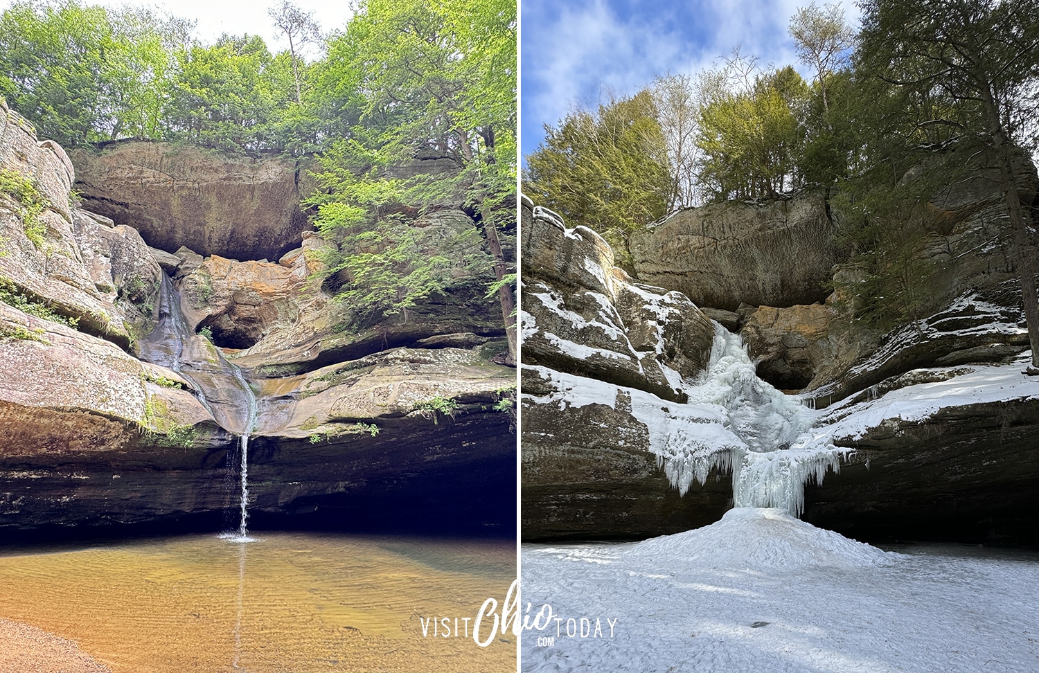 horizontal image with two photos of Cedar Falls in Hocking Hills. One in the summer and one frozen over in the winter. Photo credit: Cindy Gordon of VisitOhioToday.com