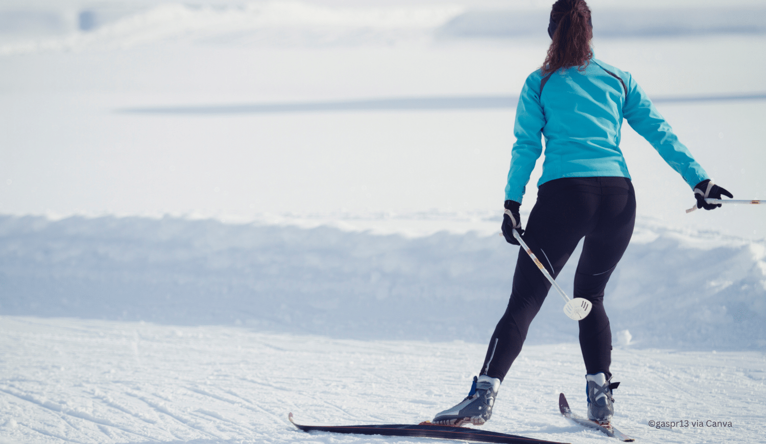 horizontal photo of the back view of a woman cross-country skiing