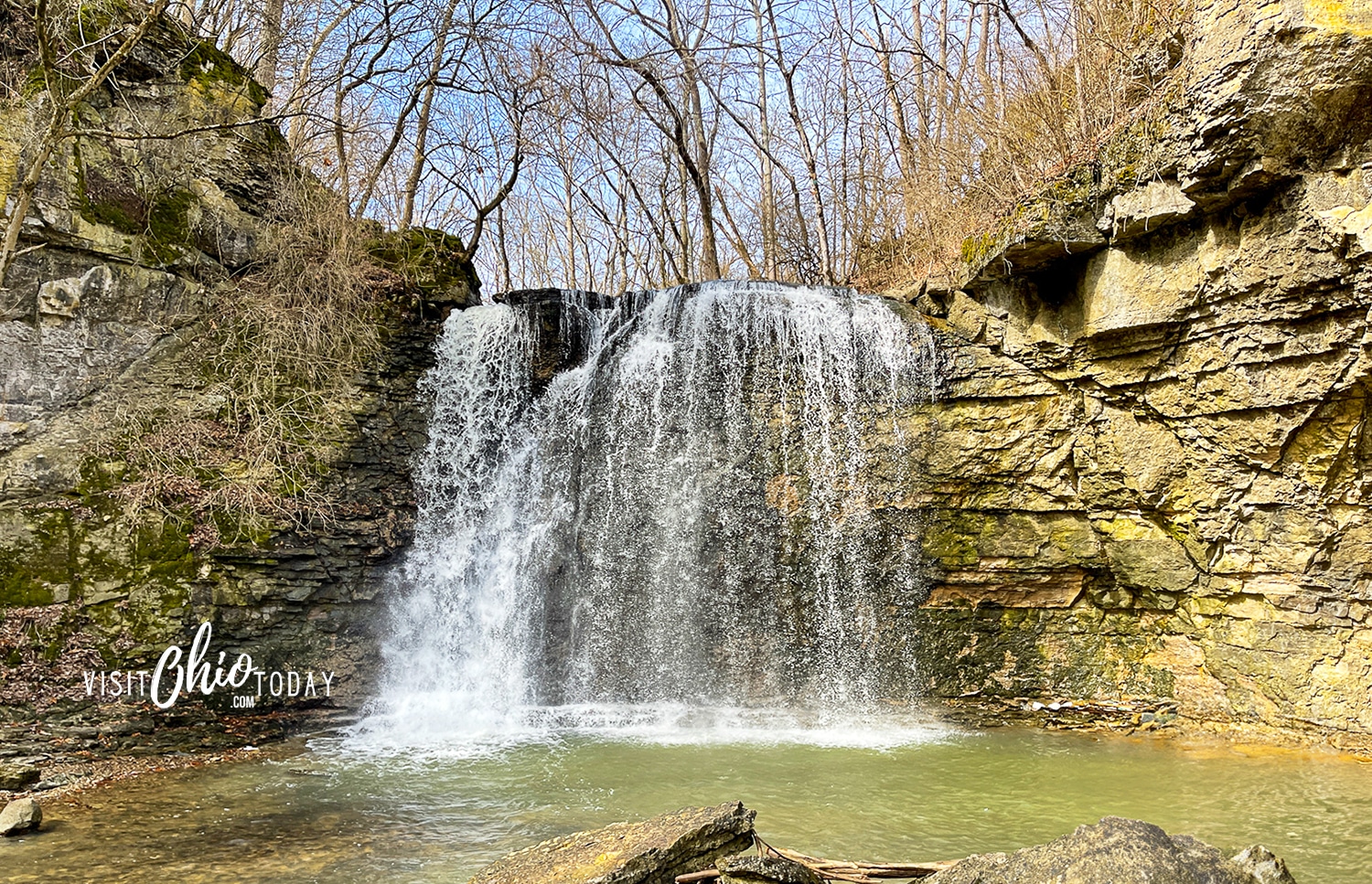 A photo from Hayden Run Falls. The waterfall has rocks to the side