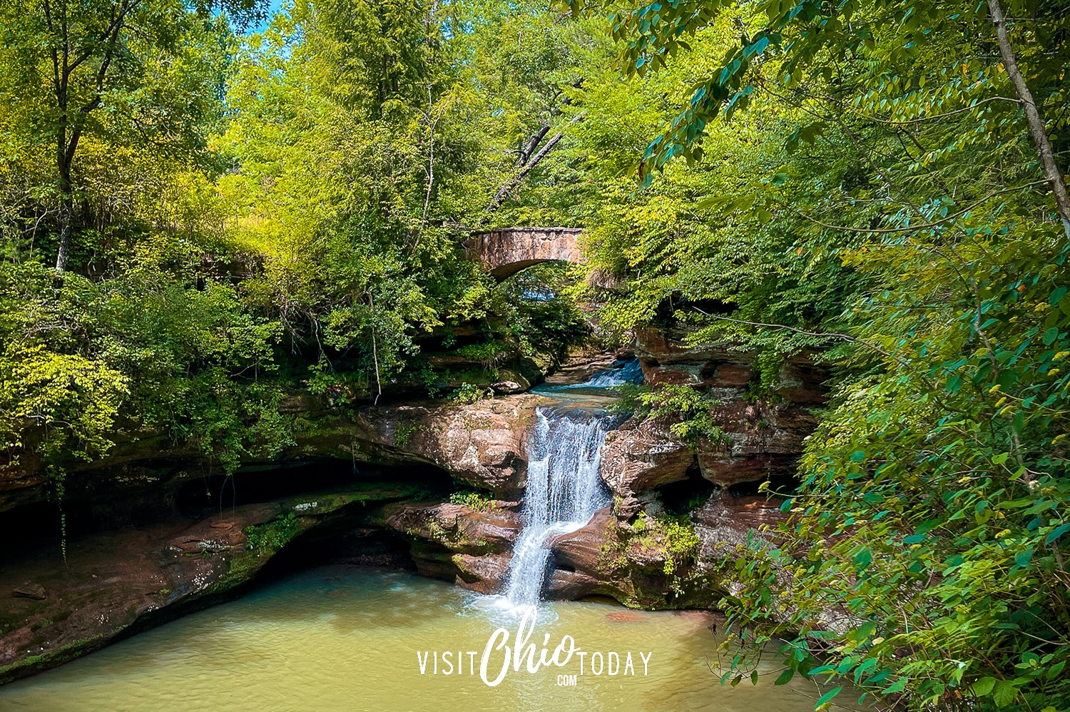 horizontal photo of the waterfall at Old Man's Cave, Hocking Hills. Photo credit: Cindy Gordon of VisitOhioToday.com