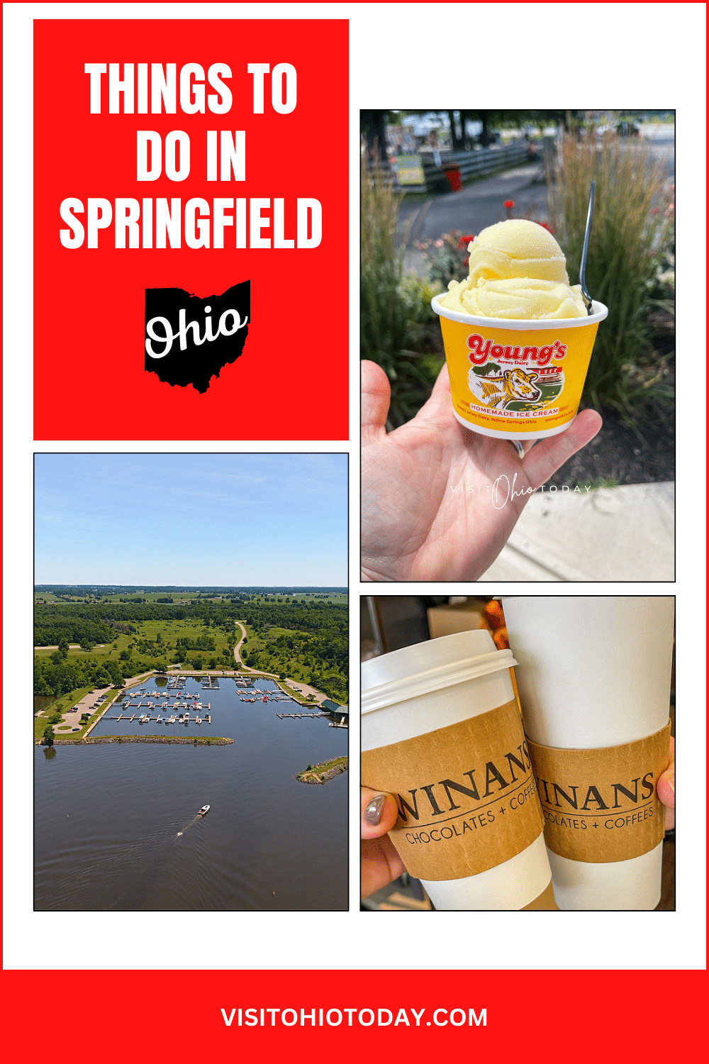 vertical image with a photo of ice cream from young's jersey dairy, a photo of Buck creek state park and a photo of two cups of winans coffee. A red box at the top contains the text Things to Do in Springfield