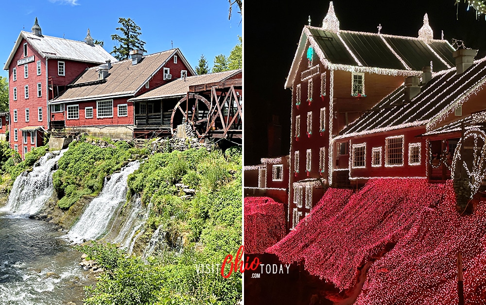 horizontal image with two photos of Clifton Mill, one in the summer and one with Christmas Lights. Photo credit: Cindy Gordon of VisitOhioToday.com
