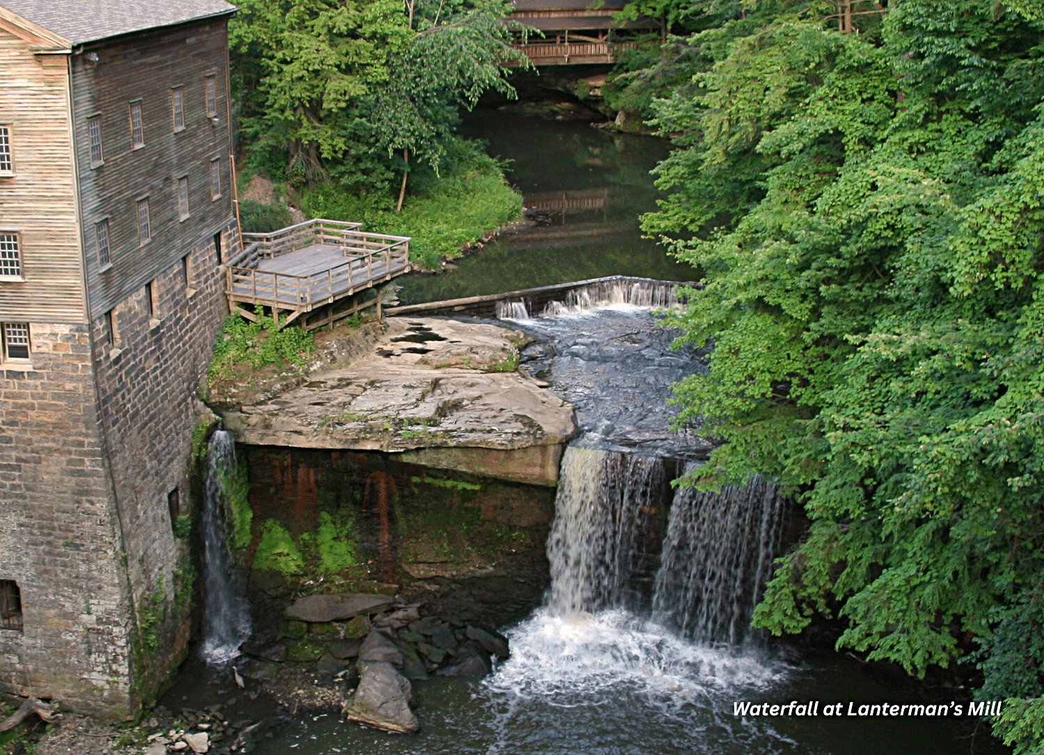 horizontal photo of the waterfall at Lanterman's Mill