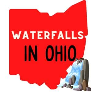 A red image of the Ohio map silhouette with a text overlay saying waterfalls in ohio. A cartoon graphic of a waterfall is in the bottom right of the image