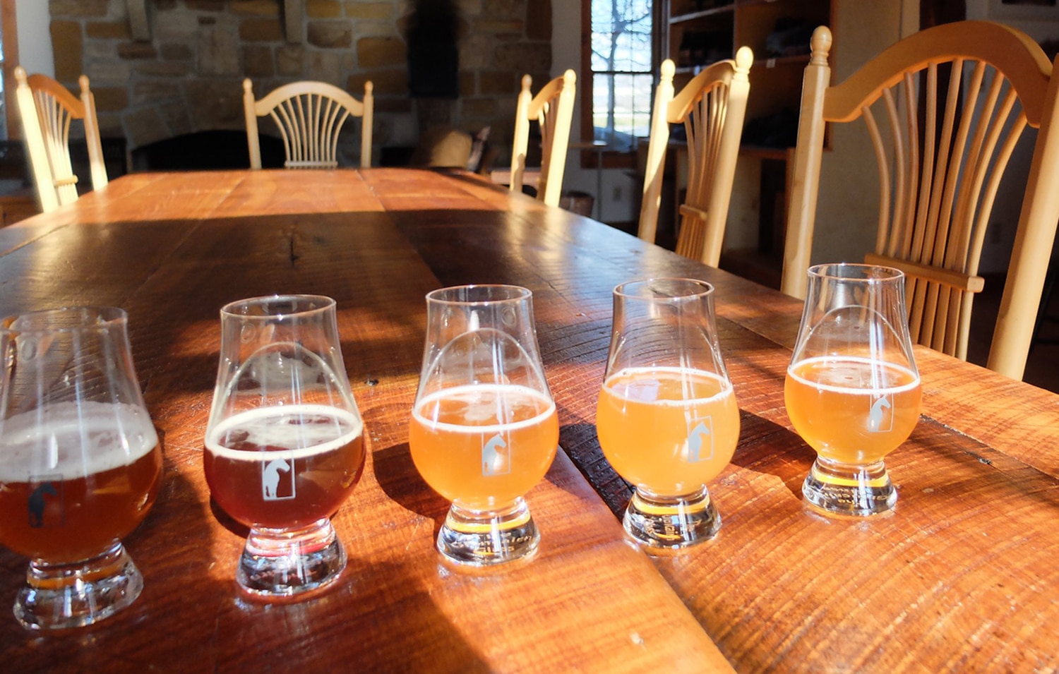 horizontal photo of five glasses of different beers from the rockmill brewery in lancaster ohio
