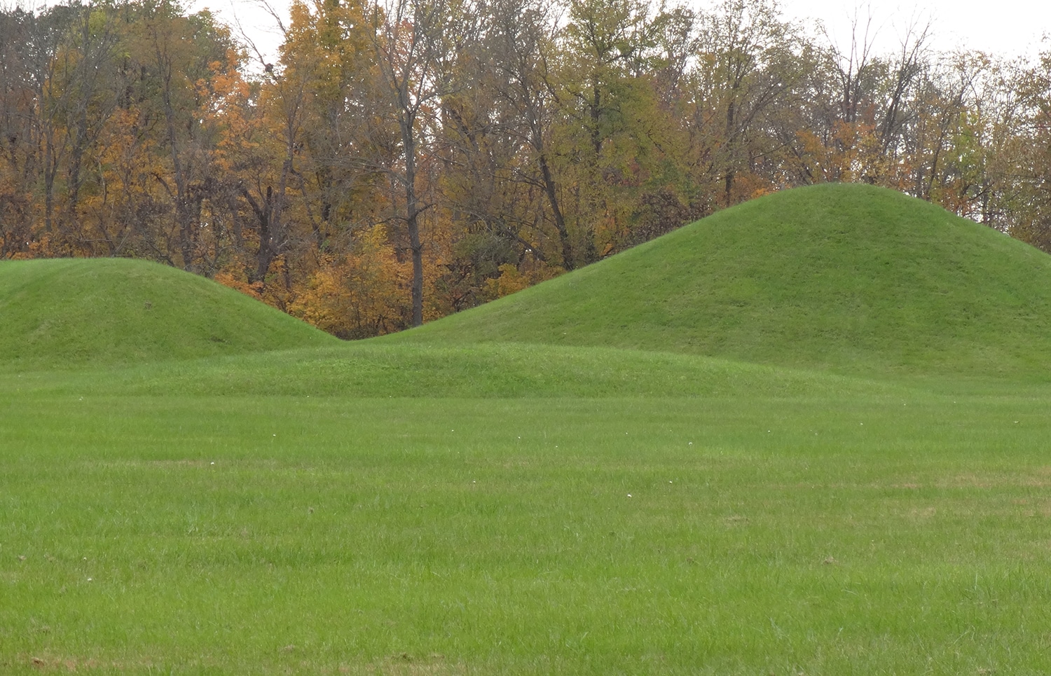 horizontal photo of 3 mounds that are part of mound city in chillicothe ohio