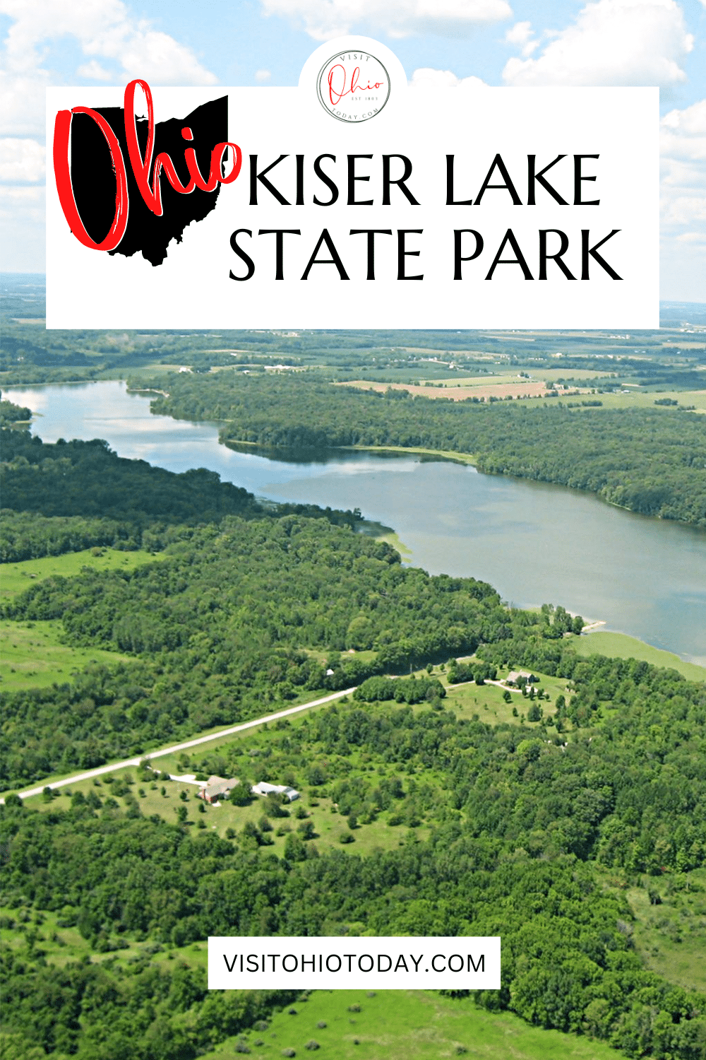 vertical image with a photo of Kiser Lake State Park from above. A white box at the top has the text Kiser Lake State Park. Photo is Pubic Domain via Wikimedia Commons
