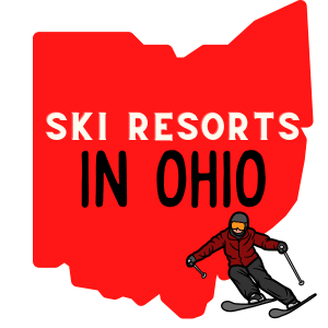 A red image of the Ohio map silhouette with a text overlay saying ski resorts in ohio. A cartoon graphic of a male skiier is in the bottom right of the image