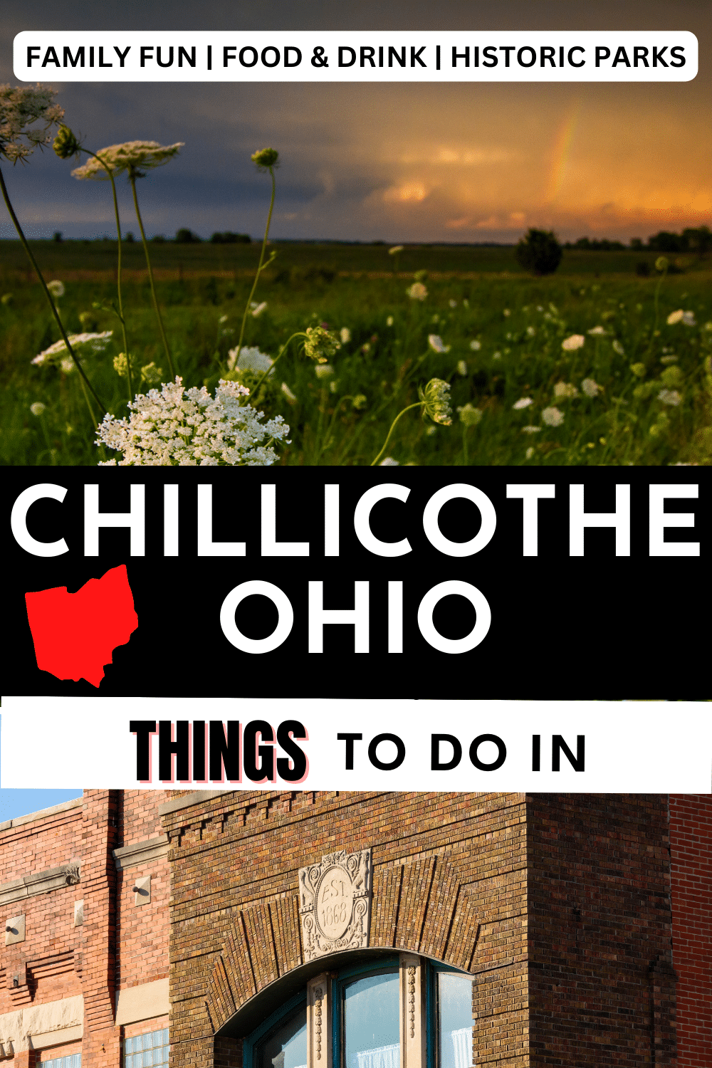 At the top of a vertical photo is an image of a field with white flowers. Underneath is an image of a town hall building. Text overlay says chillicothe ohio things to do in