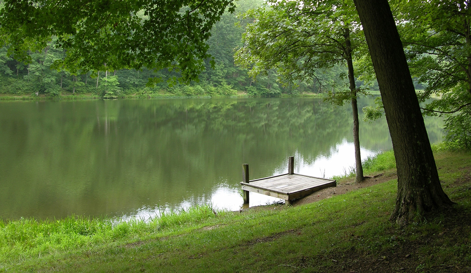 horizontal photo of a small dock on the river at Scioto Trail State Park